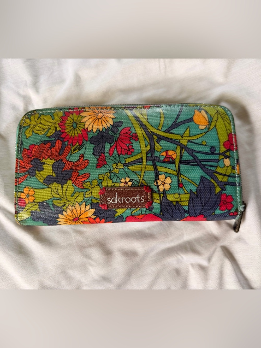Sakroots Teal Floral Zip Wallet with Multicolor Blooms